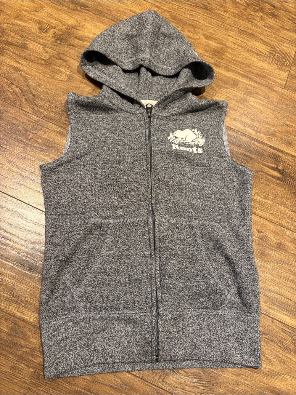 Roots Sleeveless Zip Hoodie vest in Heather Gray with Logo